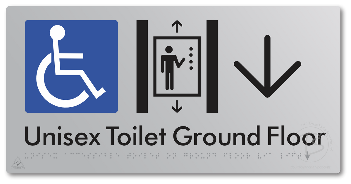 Unisex Accessible Toilet on Ground Floor Via Lift with Large Directional Arrow