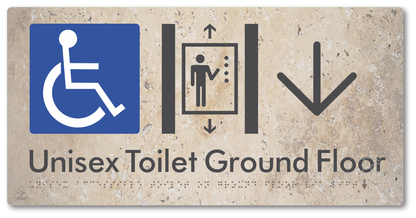 Unisex Accessible Toilet on Ground Floor Via Lift with Large Directional Arrow