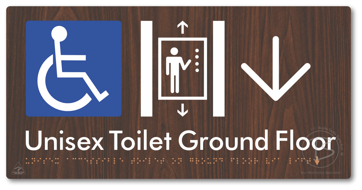 Unisex Accessible Toilet on Ground Floor Via Lift with Large Directional Arrow