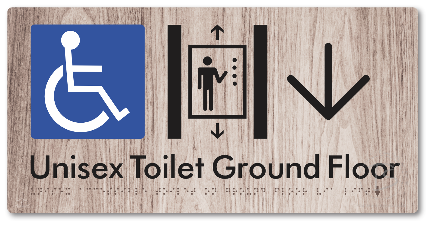 Unisex Accessible Toilet on Ground Floor Via Lift with Large Directional Arrow