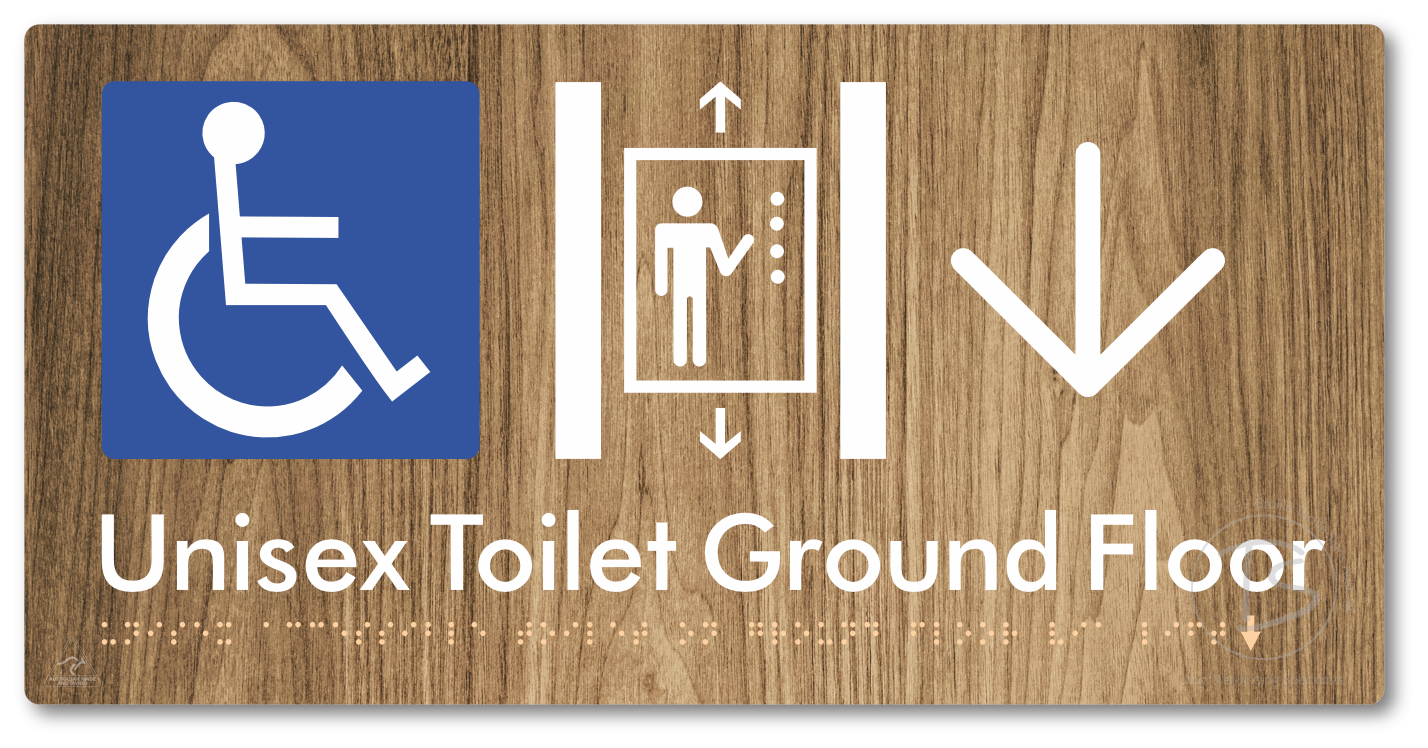 Unisex Accessible Toilet on Ground Floor Via Lift with Large Directional Arrow