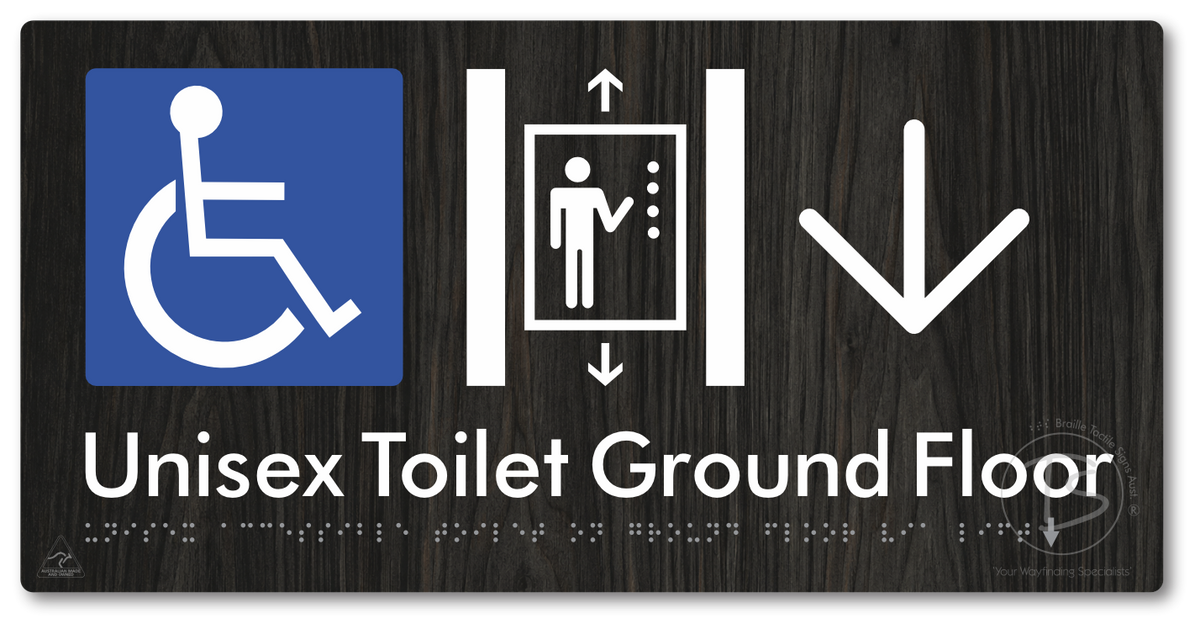 Unisex Accessible Toilet on Ground Floor Via Lift with Large Directional Arrow