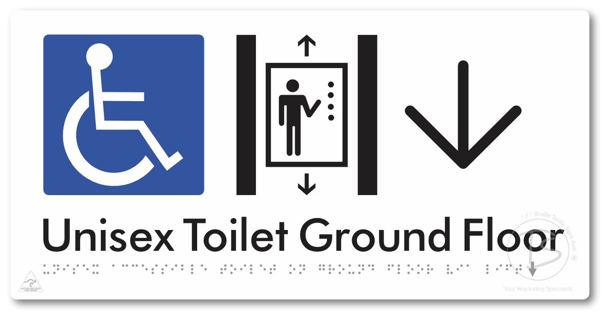 Unisex Accessible Toilet on Ground Floor Via Lift with Large Directional Arrow