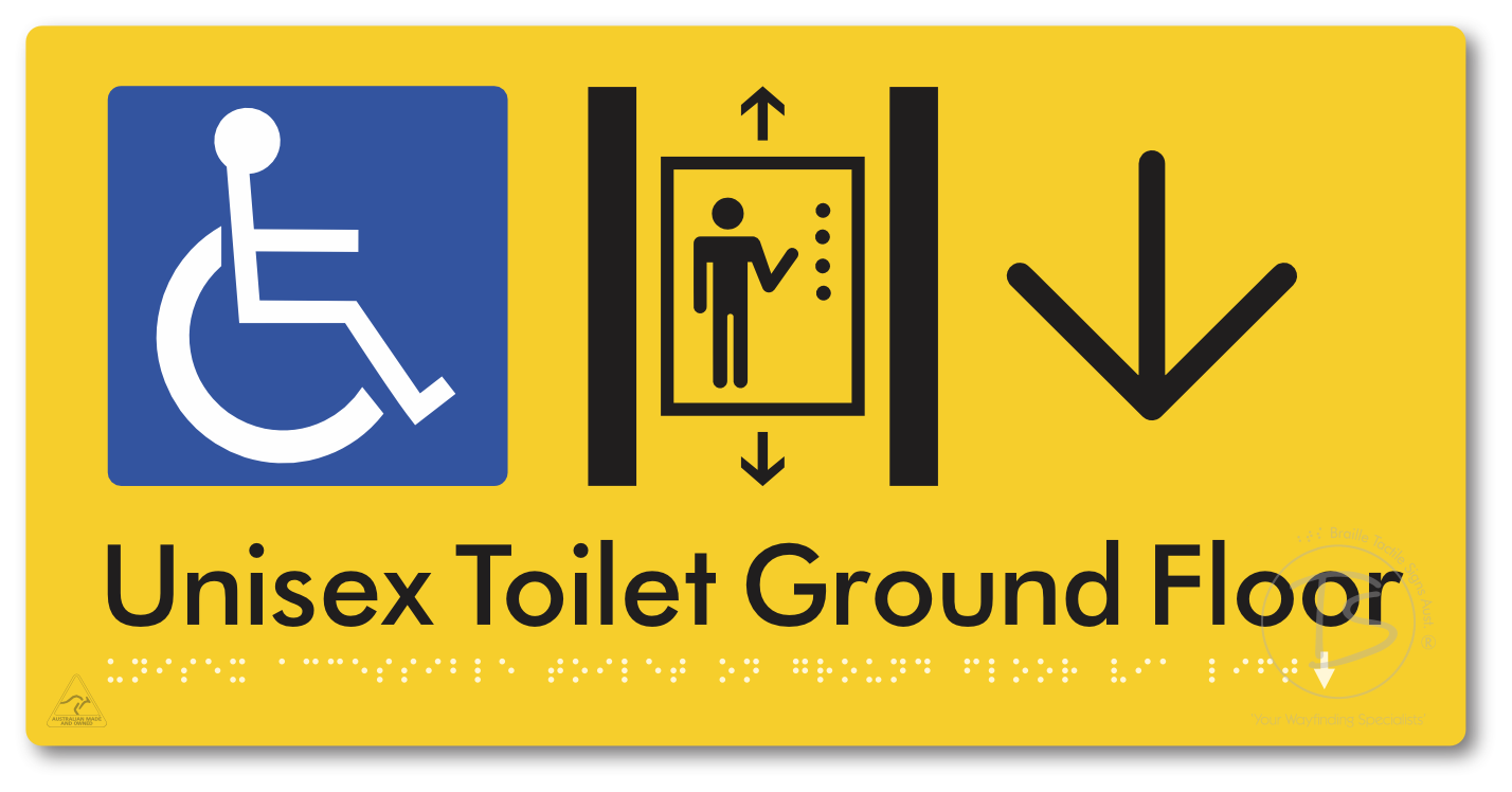 Unisex Accessible Toilet on Ground Floor Via Lift with Large Directional Arrow