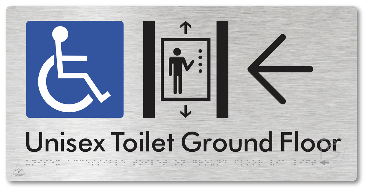 Unisex Accessible Toilet on Ground Floor Via Lift with Large Directional Arrow