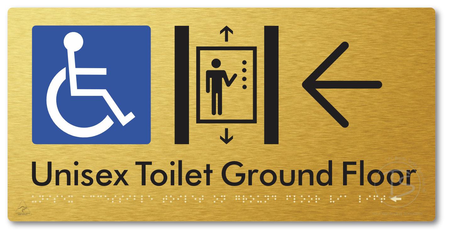 Unisex Accessible Toilet on Ground Floor Via Lift with Large Directional Arrow