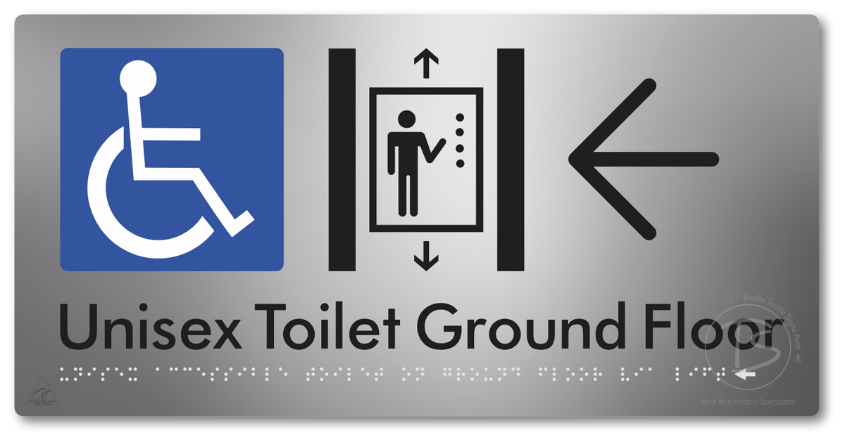 Unisex Accessible Toilet on Ground Floor Via Lift with Large Directional Arrow