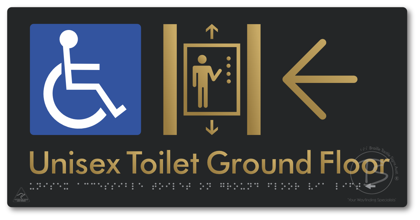 Unisex Accessible Toilet on Ground Floor Via Lift with Large Directional Arrow
