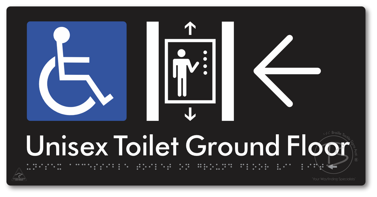 Unisex Accessible Toilet on Ground Floor Via Lift with Large Directional Arrow