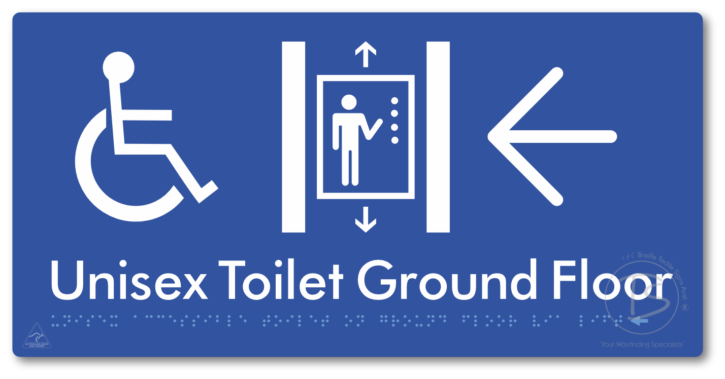 Unisex Accessible Toilet on Ground Floor Via Lift with Large Directional Arrow