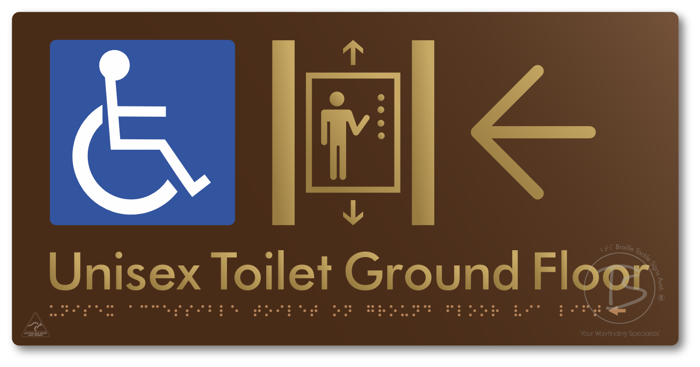 Unisex Accessible Toilet on Ground Floor Via Lift with Large Directional Arrow