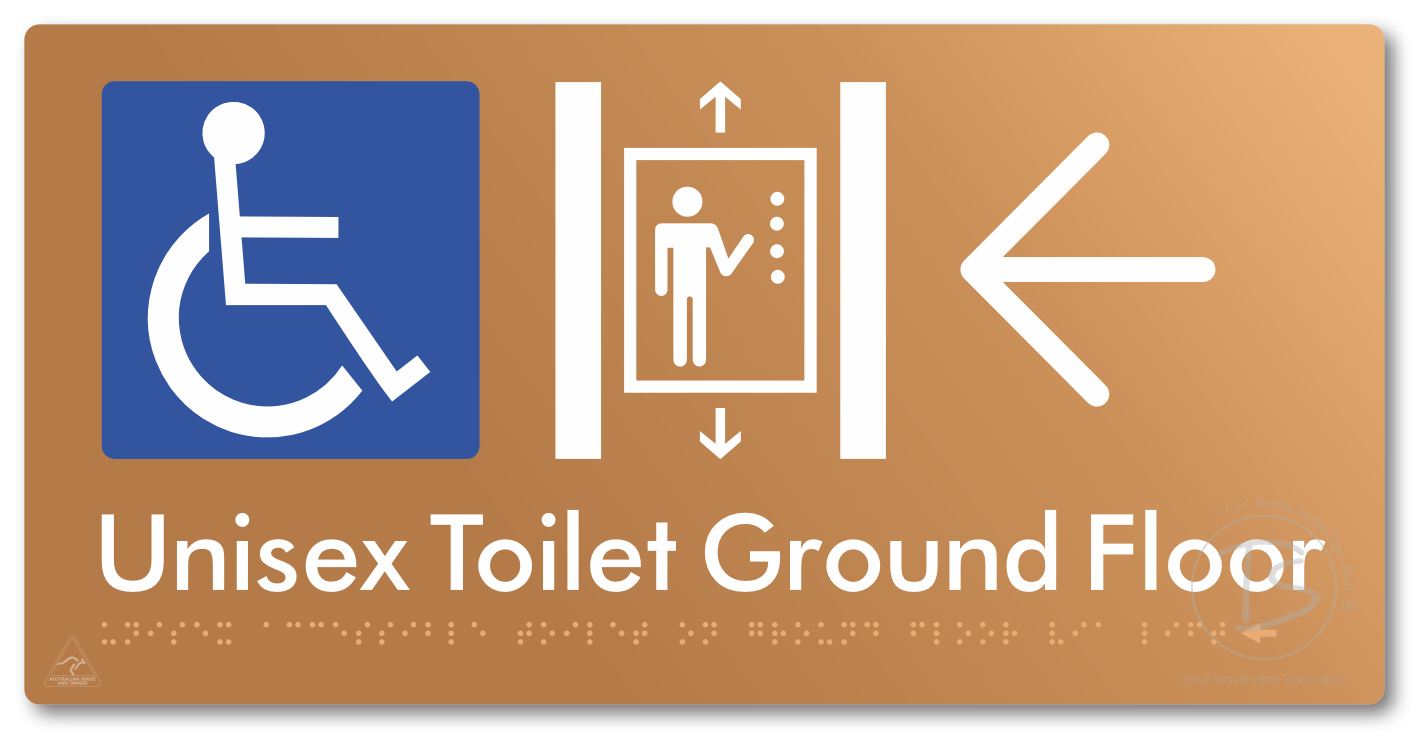 Unisex Accessible Toilet on Ground Floor Via Lift with Large Directional Arrow