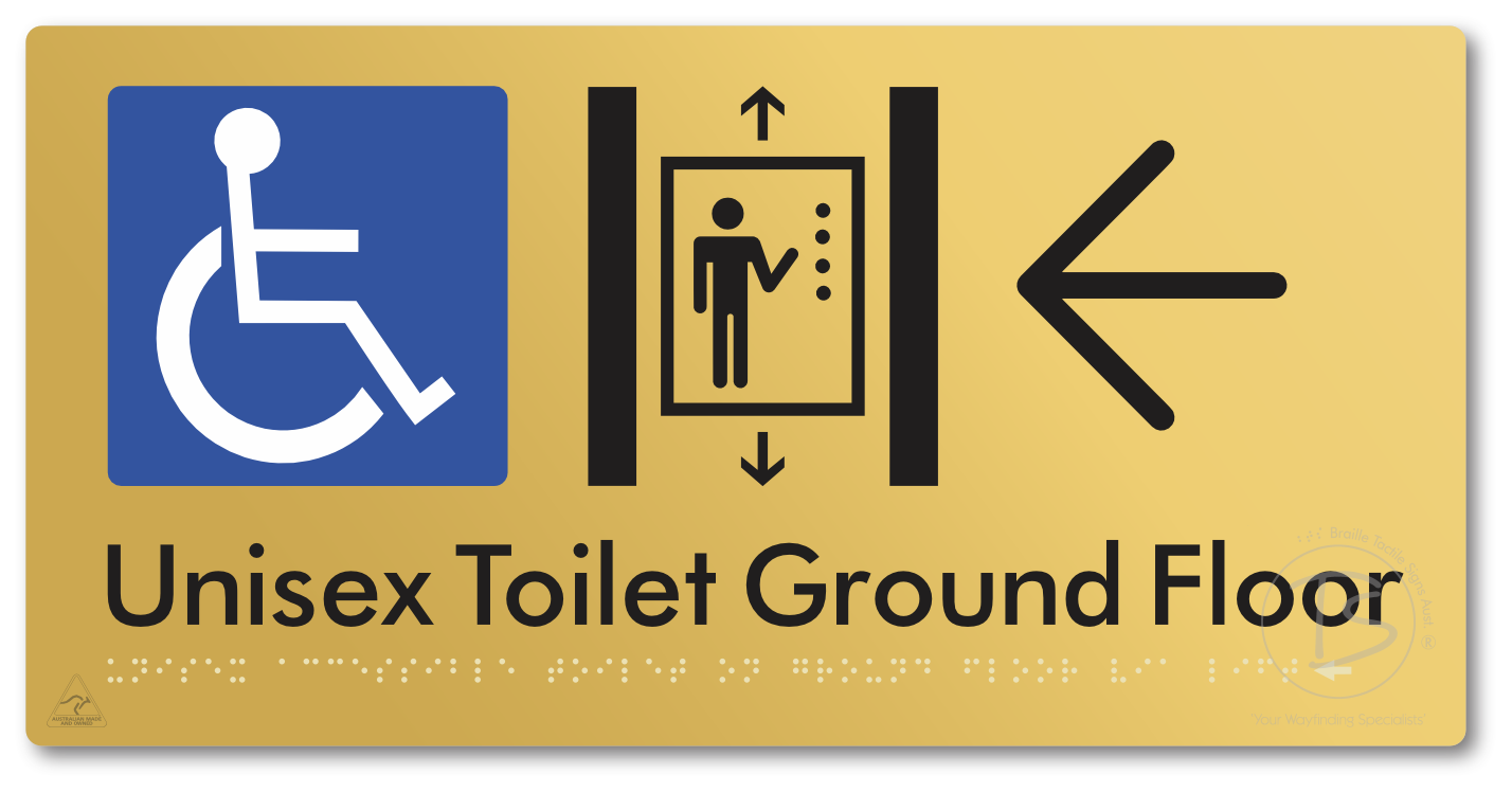 Unisex Accessible Toilet on Ground Floor Via Lift with Large Directional Arrow