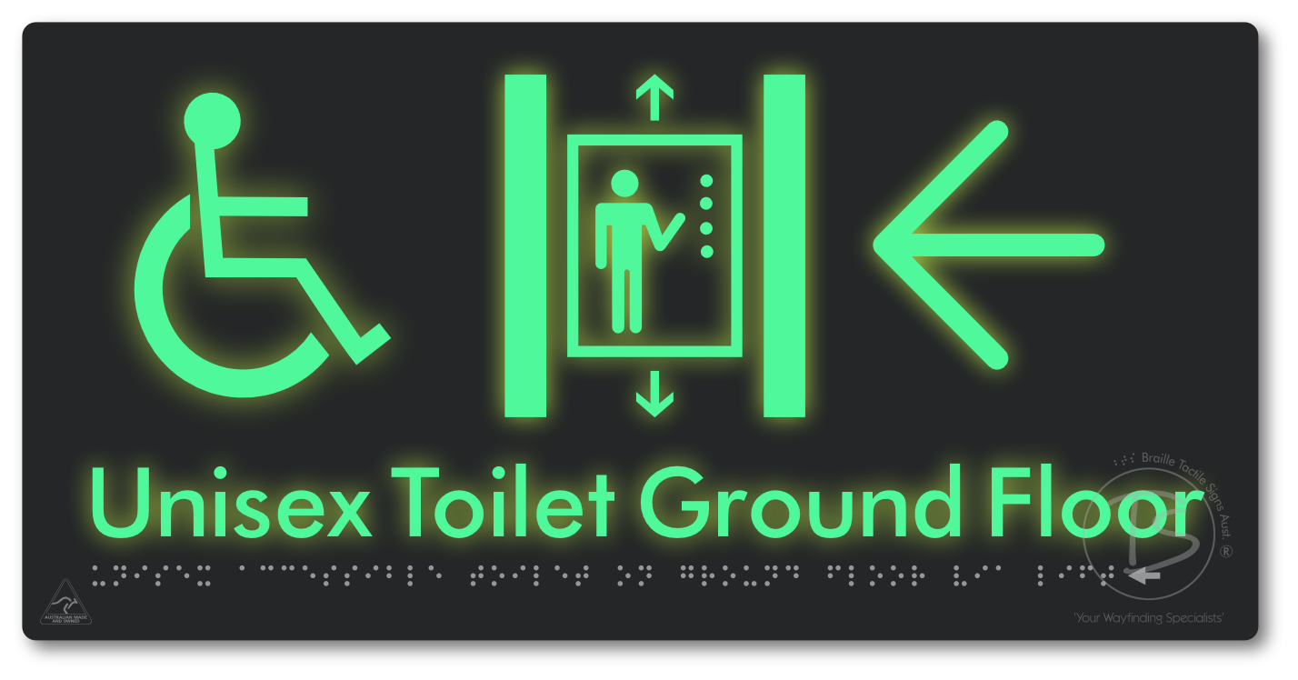 Unisex Accessible Toilet on Ground Floor Via Lift with Large Directional Arrow
