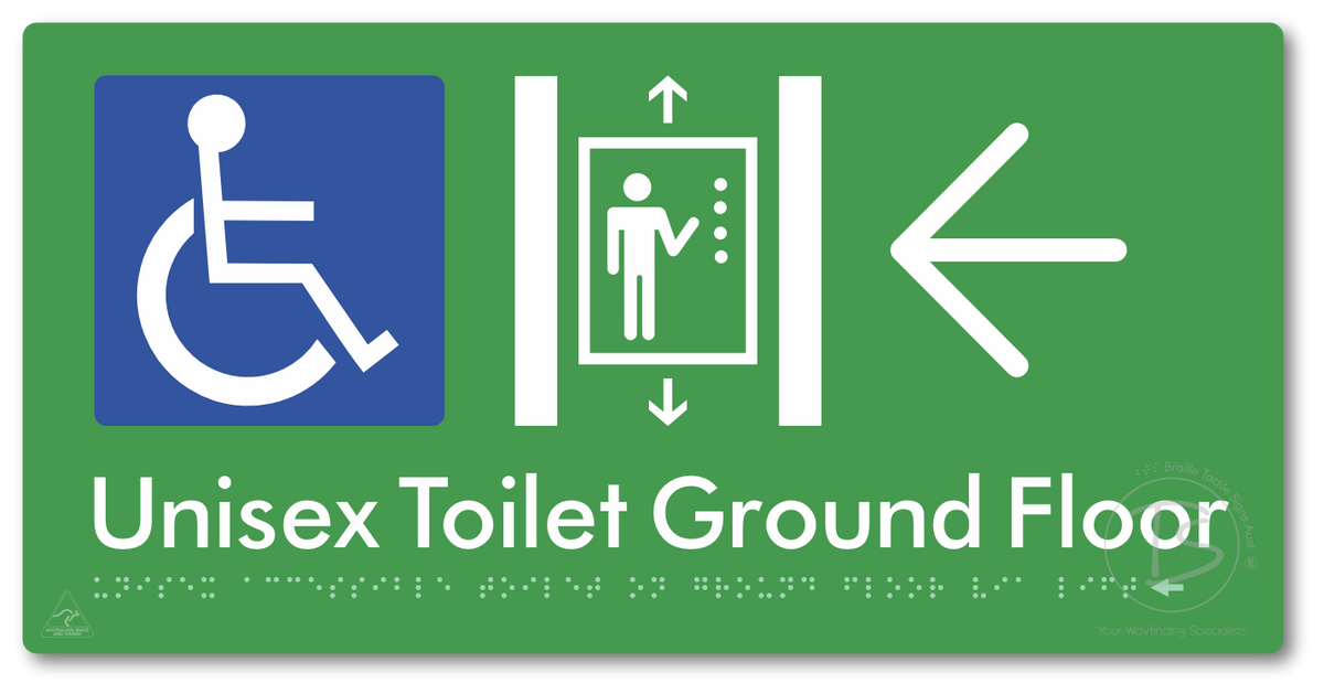 Unisex Accessible Toilet on Ground Floor Via Lift with Large Directional Arrow