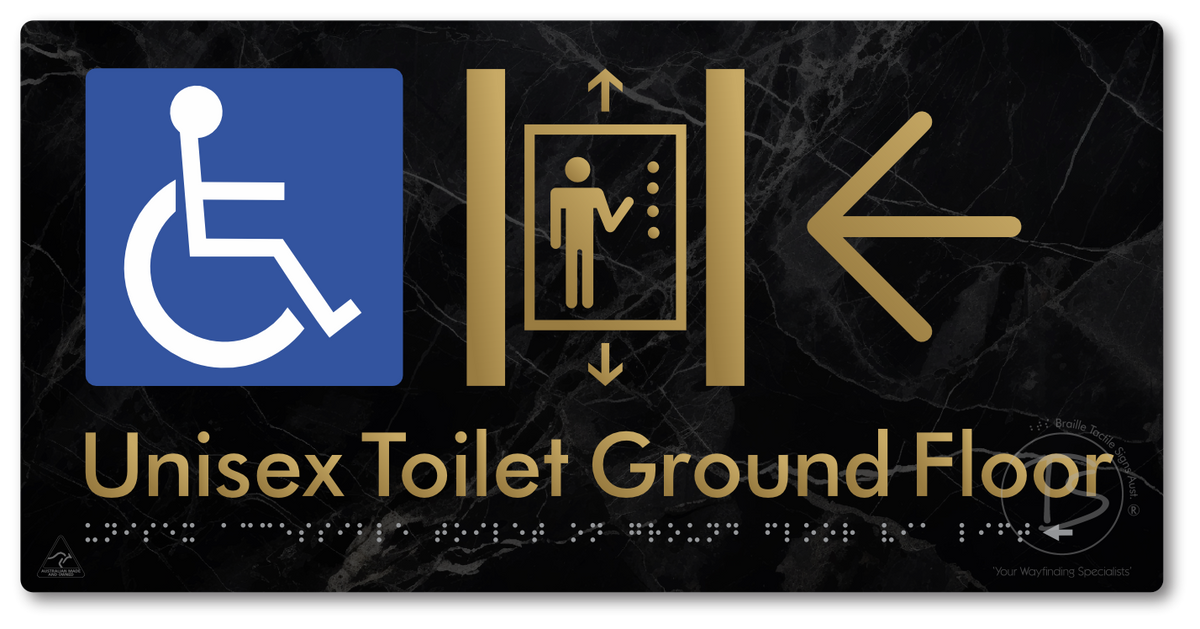 Unisex Accessible Toilet on Ground Floor Via Lift with Large Directional Arrow
