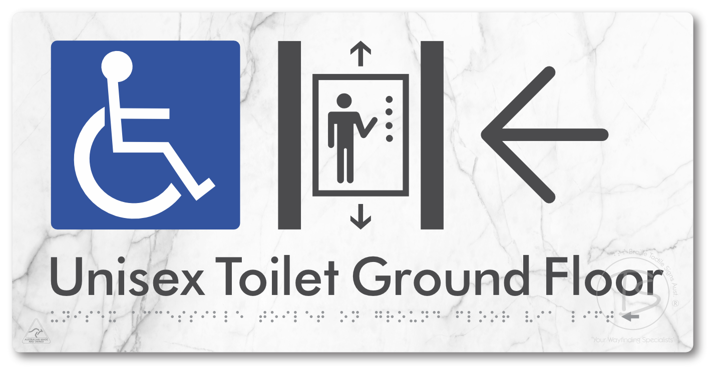 Unisex Accessible Toilet on Ground Floor Via Lift with Large Directional Arrow