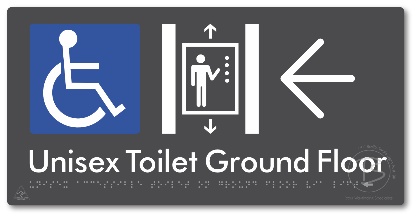 Unisex Accessible Toilet on Ground Floor Via Lift with Large Directional Arrow