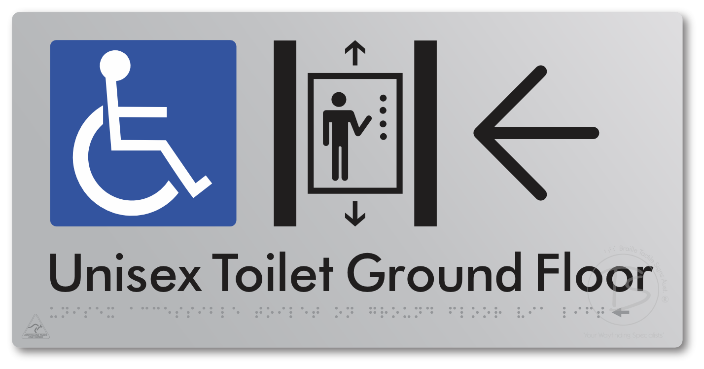 Unisex Accessible Toilet on Ground Floor Via Lift with Large Directional Arrow
