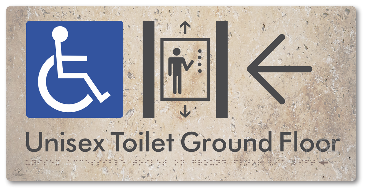 Unisex Accessible Toilet on Ground Floor Via Lift with Large Directional Arrow