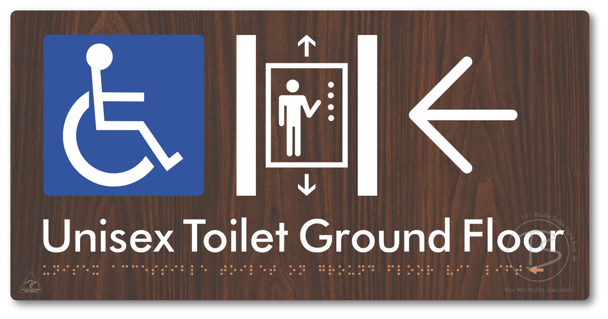 Unisex Accessible Toilet on Ground Floor Via Lift with Large Directional Arrow