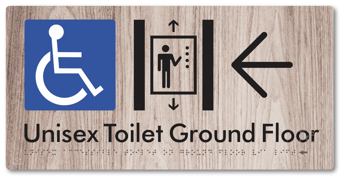 Unisex Accessible Toilet on Ground Floor Via Lift with Large Directional Arrow