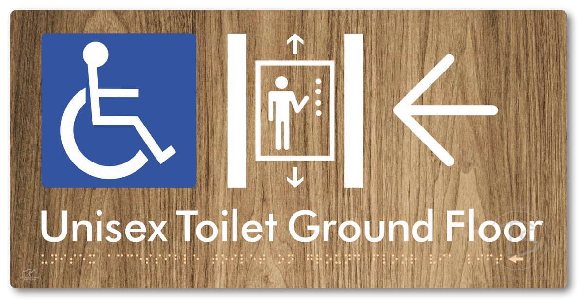 Unisex Accessible Toilet on Ground Floor Via Lift with Large Directional Arrow