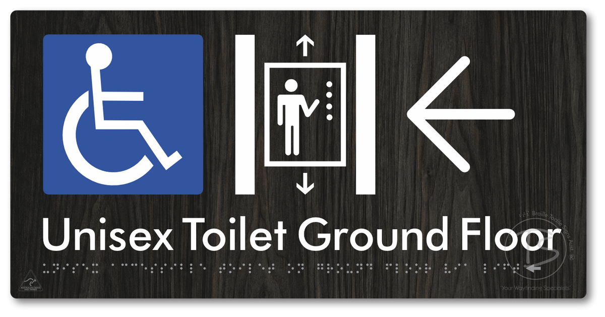 Unisex Accessible Toilet on Ground Floor Via Lift with Large Directional Arrow