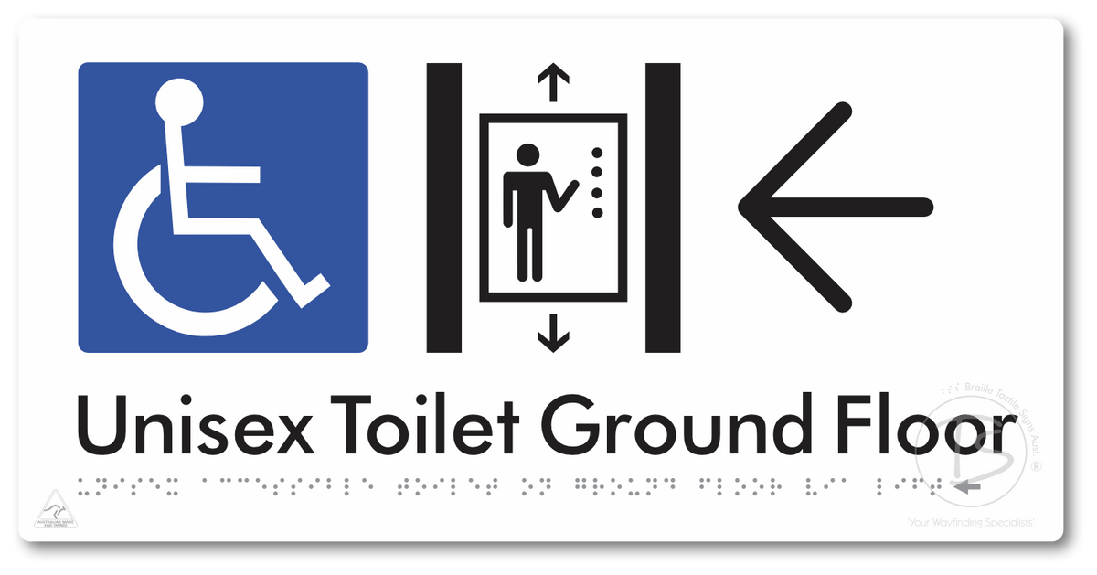 Unisex Accessible Toilet on Ground Floor Via Lift with Large Directional Arrow