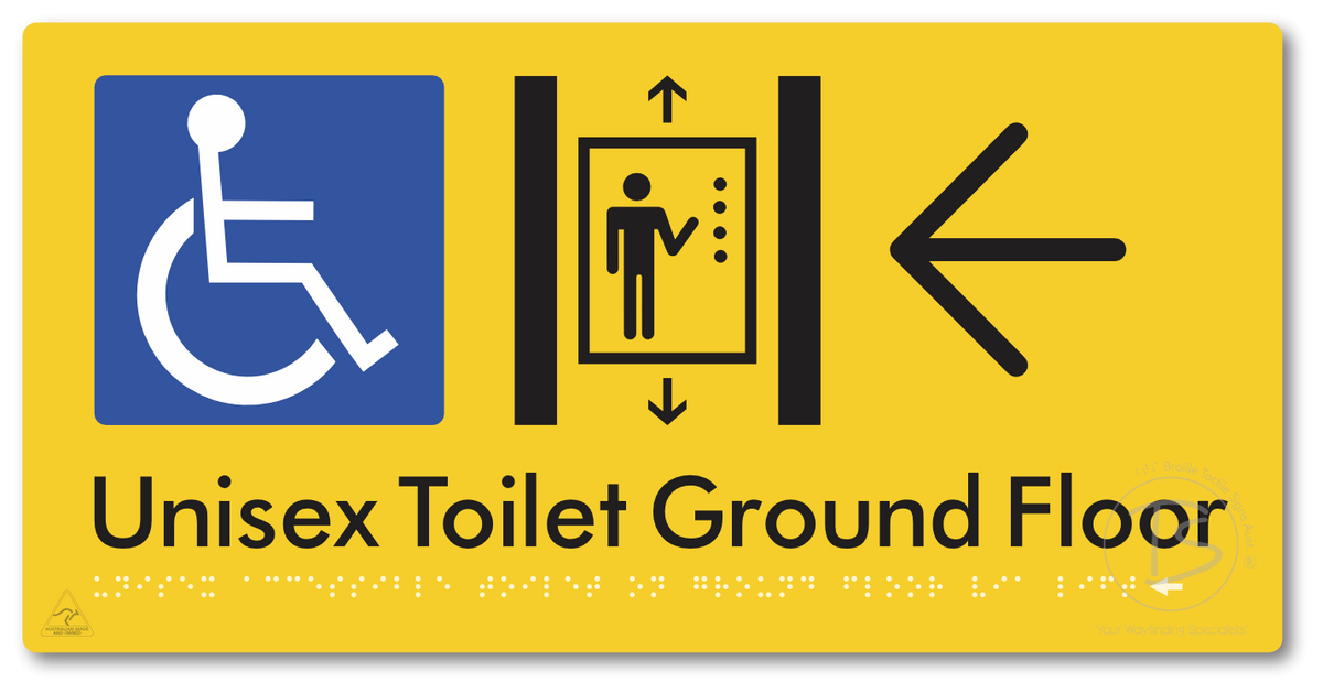 Unisex Accessible Toilet on Ground Floor Via Lift with Large Directional Arrow