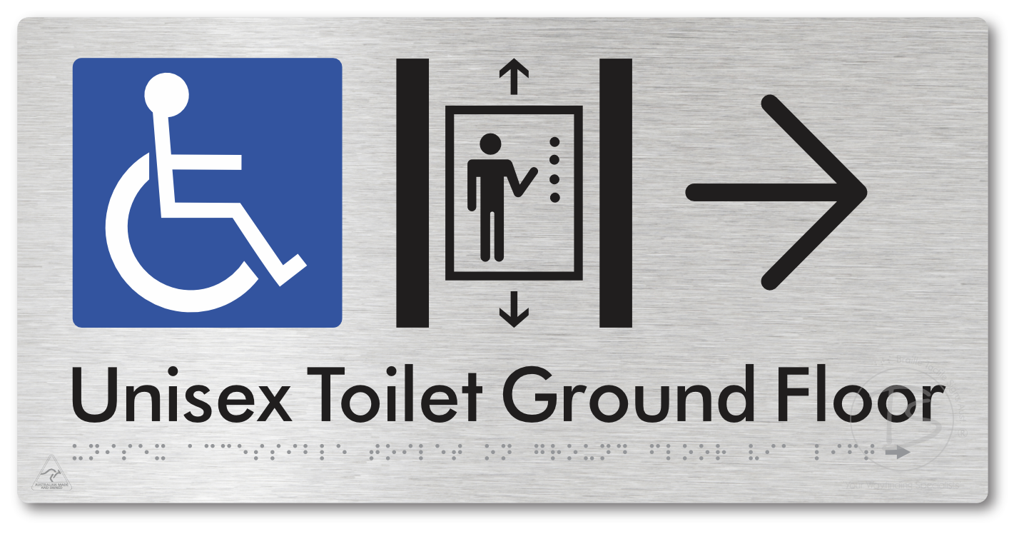 Unisex Accessible Toilet on Ground Floor Via Lift with Large Directional Arrow