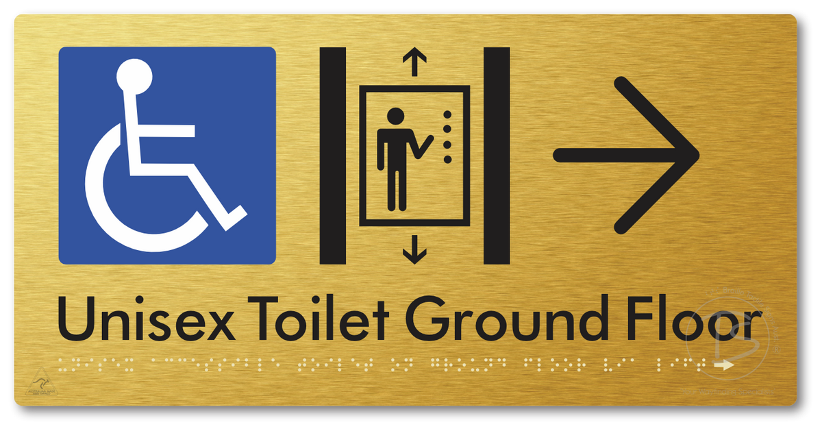 Unisex Accessible Toilet on Ground Floor Via Lift with Large Directional Arrow