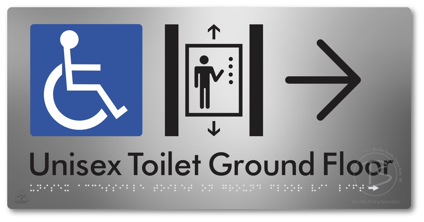 Unisex Accessible Toilet on Ground Floor Via Lift with Large Directional Arrow