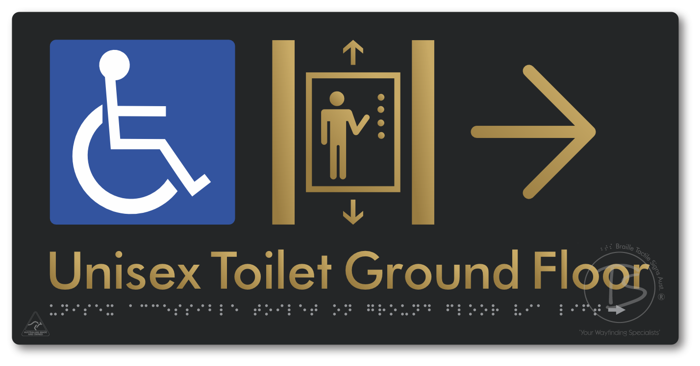 Unisex Accessible Toilet on Ground Floor Via Lift with Large Directional Arrow