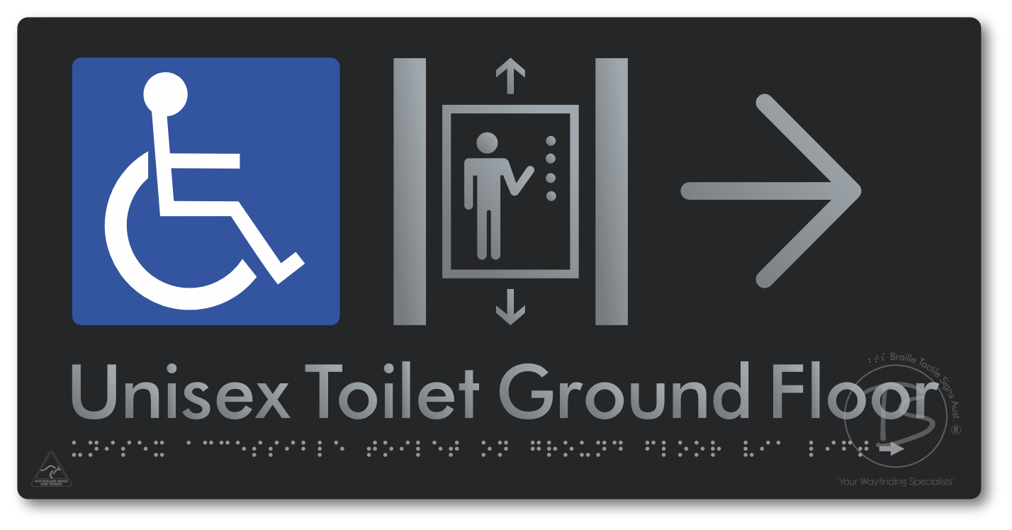 Unisex Accessible Toilet on Ground Floor Via Lift with Large Directional Arrow