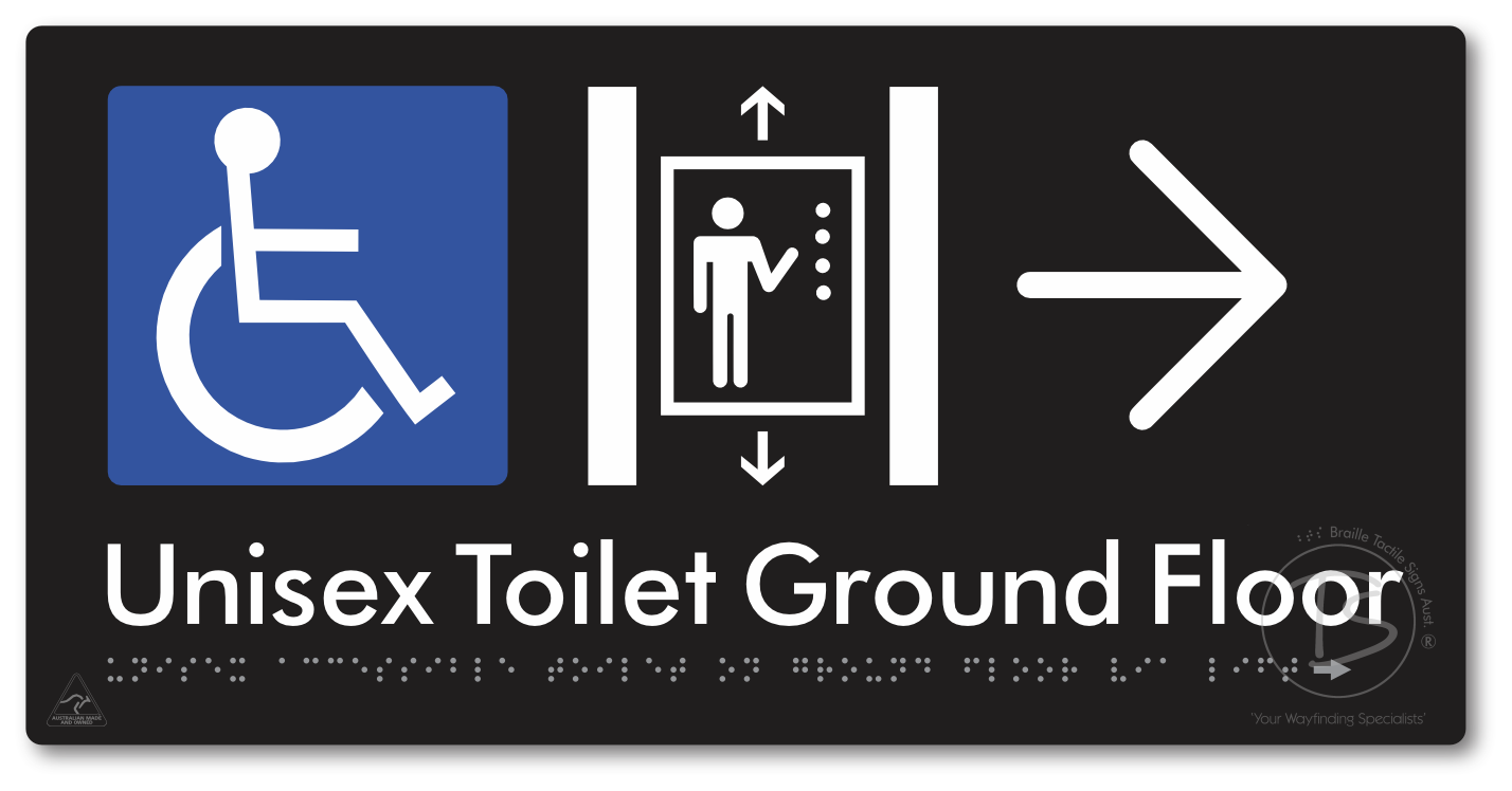Unisex Accessible Toilet on Ground Floor Via Lift with Large Directional Arrow