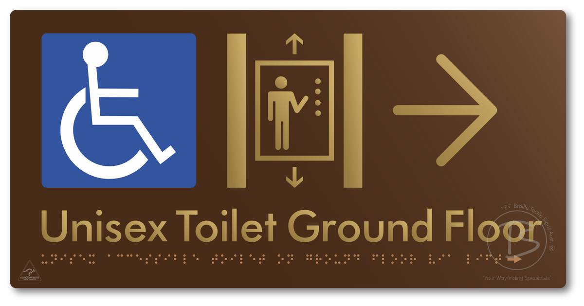 Unisex Accessible Toilet on Ground Floor Via Lift with Large Directional Arrow