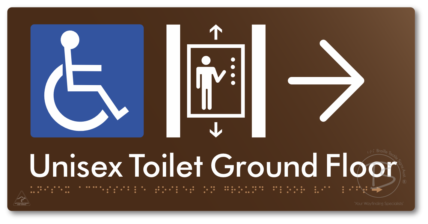 Unisex Accessible Toilet on Ground Floor Via Lift with Large Directional Arrow