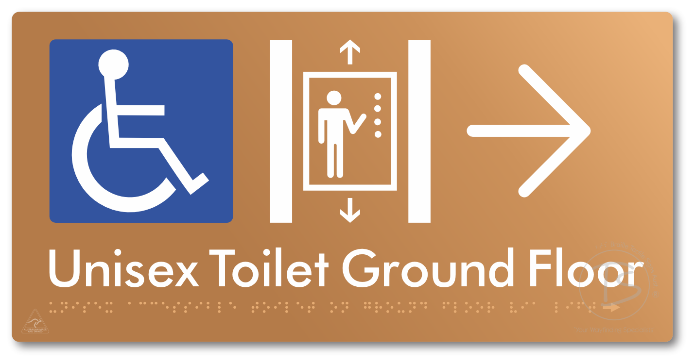 Unisex Accessible Toilet on Ground Floor Via Lift with Large Directional Arrow