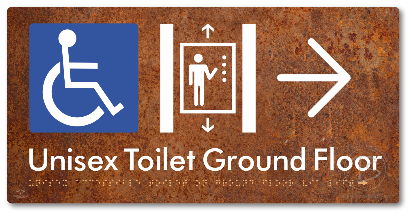 Unisex Accessible Toilet on Ground Floor Via Lift with Large Directional Arrow