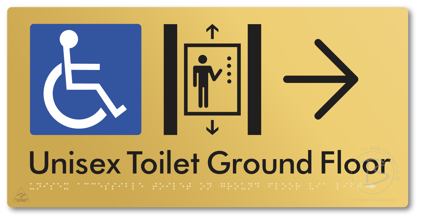 Unisex Accessible Toilet on Ground Floor Via Lift with Large Directional Arrow
