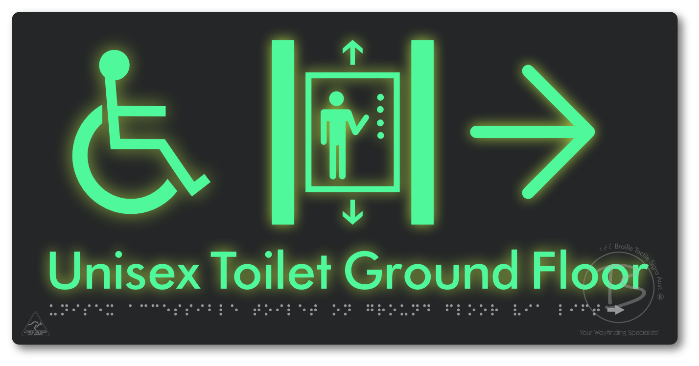 Unisex Accessible Toilet on Ground Floor Via Lift with Large Directional Arrow
