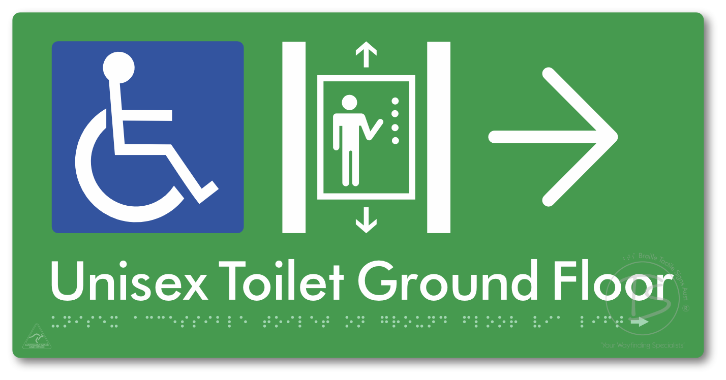 Unisex Accessible Toilet on Ground Floor Via Lift with Large Directional Arrow