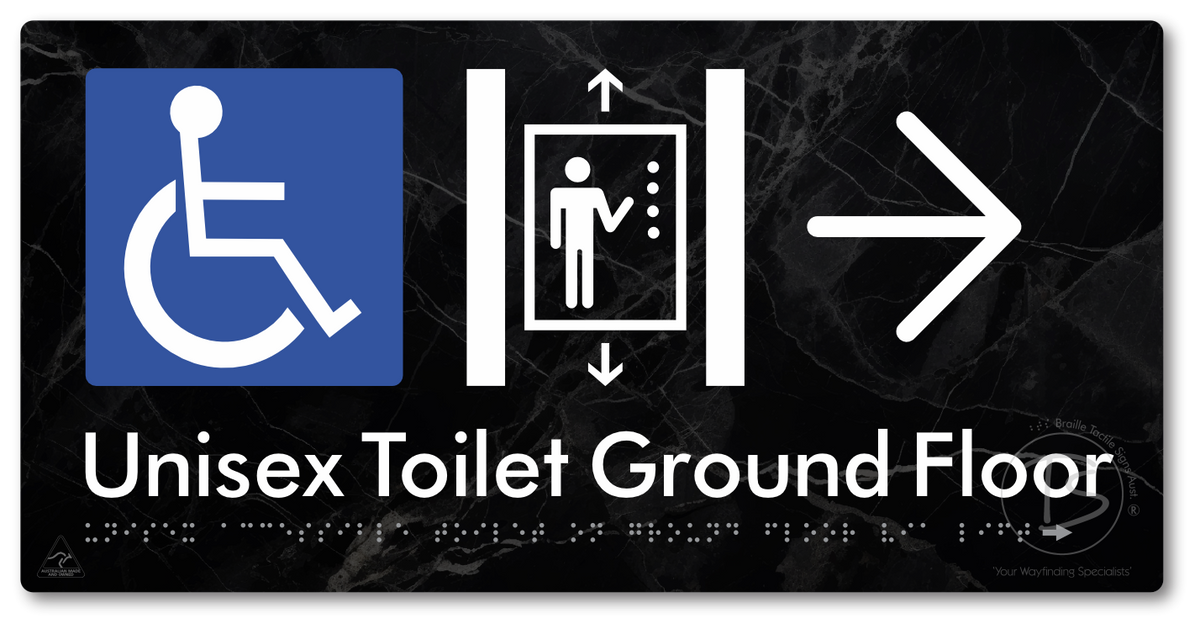 Unisex Accessible Toilet on Ground Floor Via Lift with Large Directional Arrow