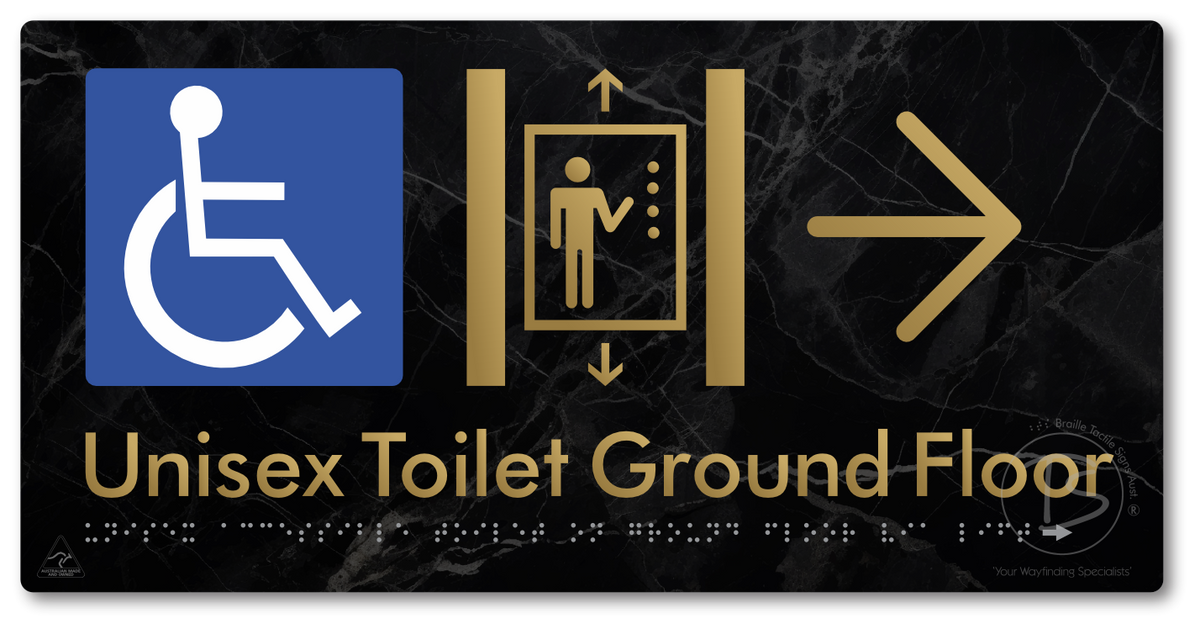 Unisex Accessible Toilet on Ground Floor Via Lift with Large Directional Arrow
