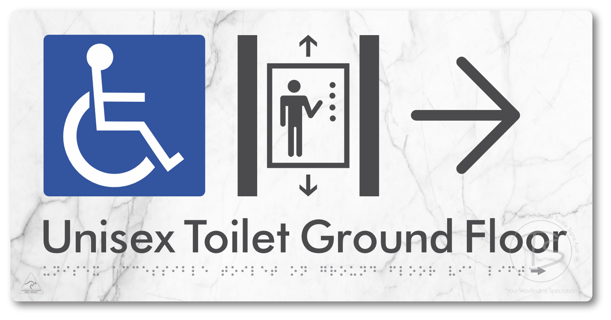 Unisex Accessible Toilet on Ground Floor Via Lift with Large Directional Arrow