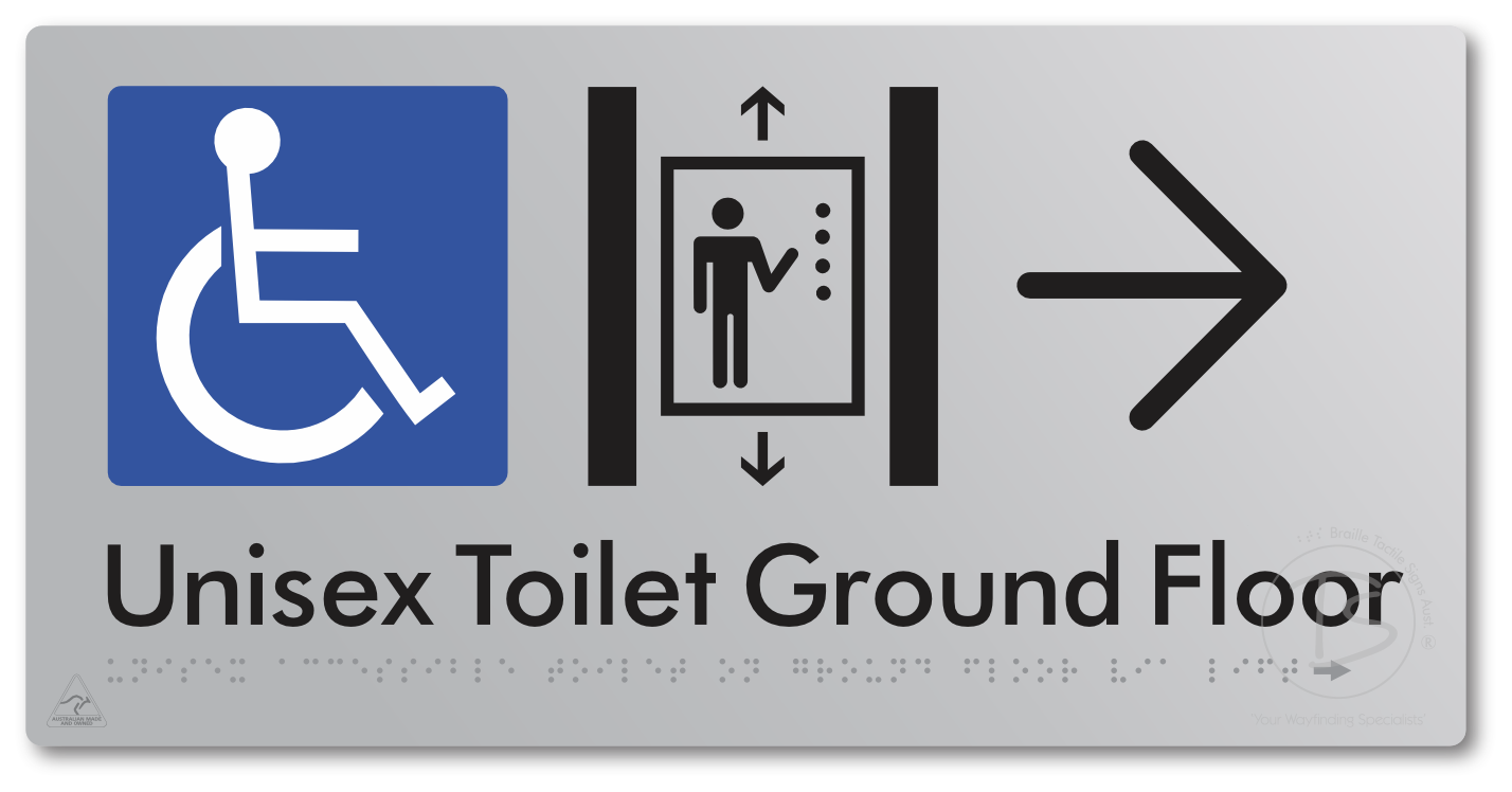 Unisex Accessible Toilet on Ground Floor Via Lift with Large Directional Arrow