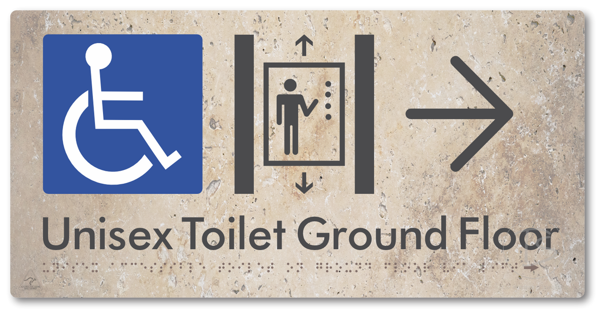 Unisex Accessible Toilet on Ground Floor Via Lift with Large Directional Arrow