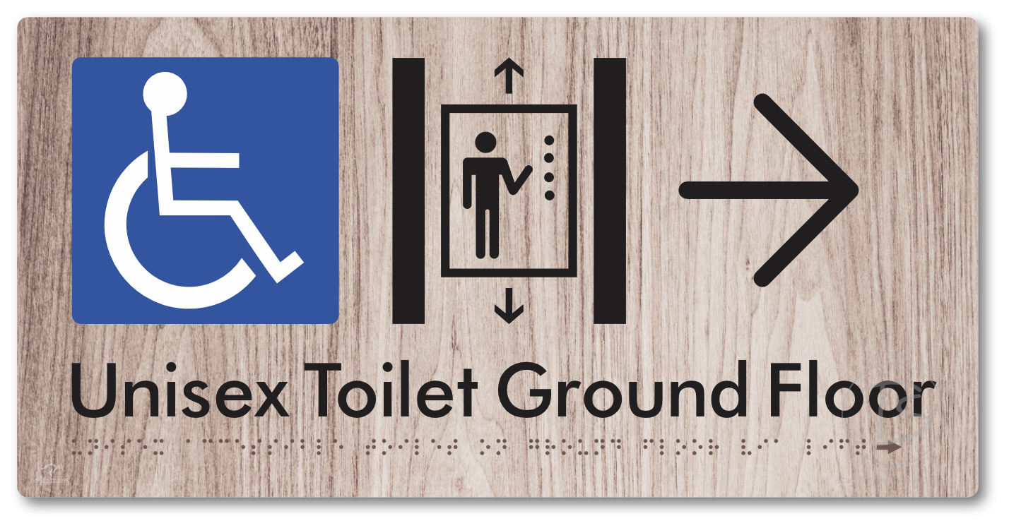 Unisex Accessible Toilet on Ground Floor Via Lift with Large Directional Arrow