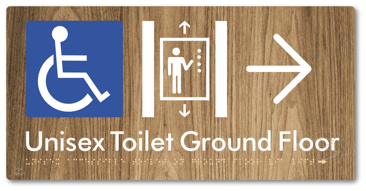 Unisex Accessible Toilet on Ground Floor Via Lift with Large Directional Arrow